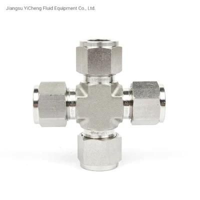 Stainless Steel Fittings Double Ferrules Metric Hydraulic Tube Fittings 4-Way Union Cross for Water