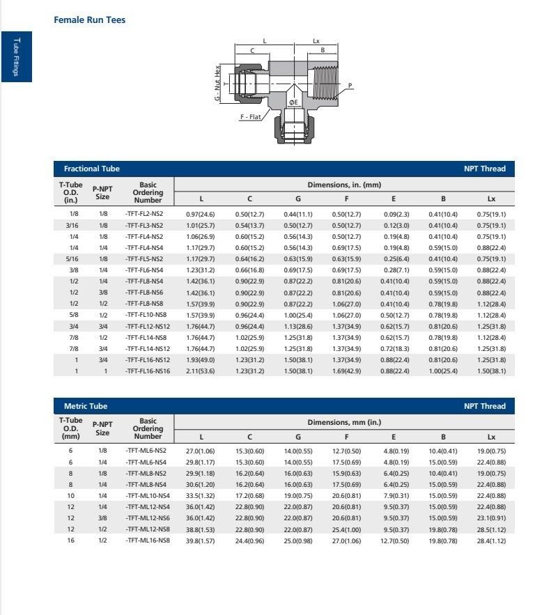 Yc-Frt Female Run Tee Tube Fittings with Swagelok Standard