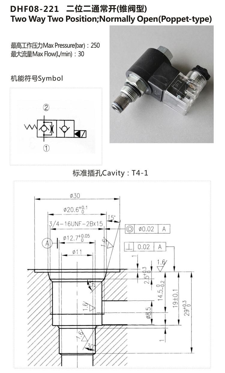 Normally Open DHF08-221 Hydraulic 2/2 Solenoid Cartridge Valve