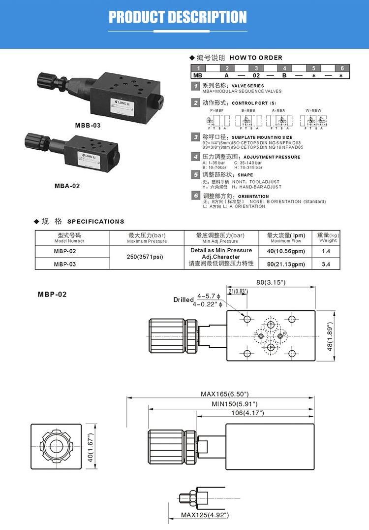 MBP-02 Yuken type hydraulic industrial part pressure relief check valve