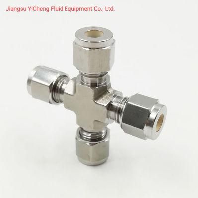 SS304 6000 Psi 4 Way Cross Compression Tube Connector Double Ferrule Hydraulic Tube Fittings
