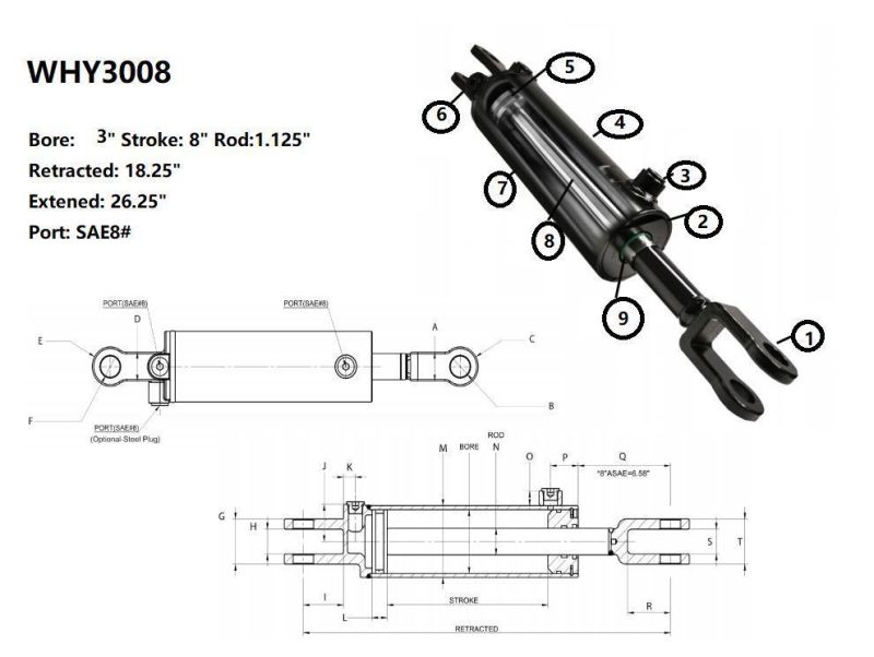 Welded Hydraulic Cylinder Replace for Tie Rod Hydraulic RAM 3" Bore 8" Stroke