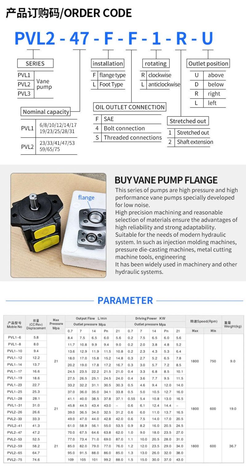 Pvl1 Pvl2 Hydraulic High Pressure Quantitative Double Vane Pump