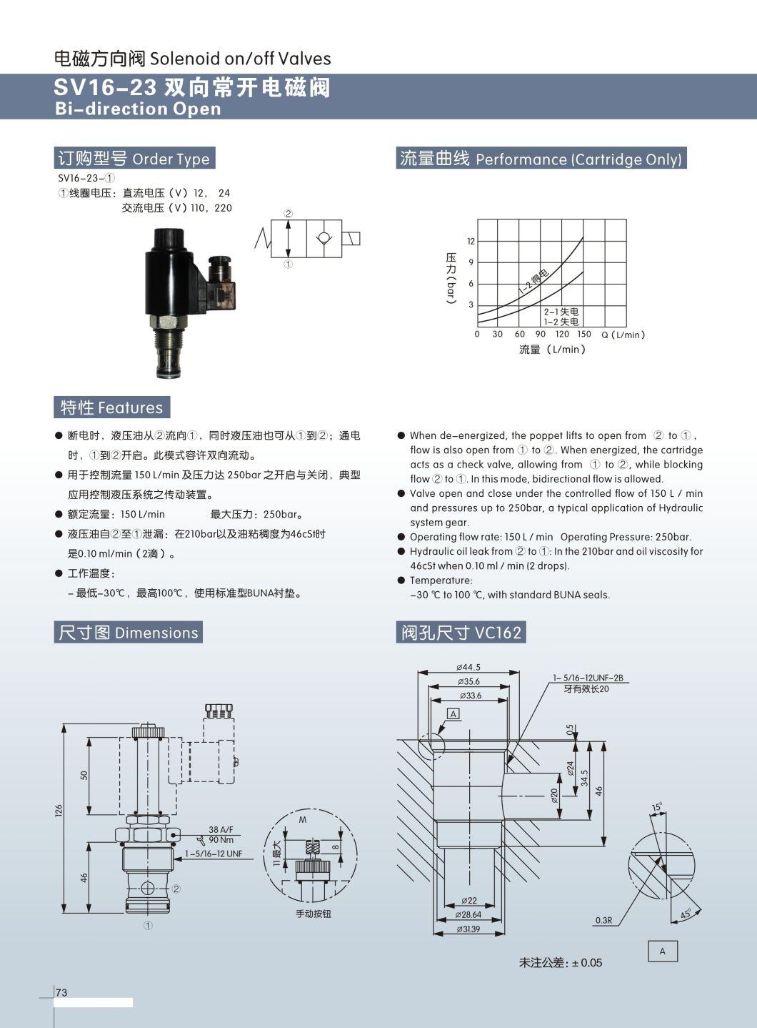 Solenoid Directional Valve Sv16-21 Normally Open Cartridge Valve