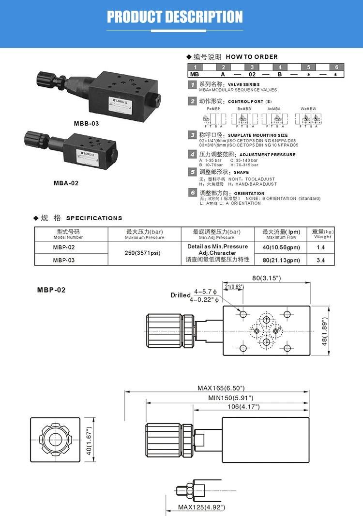 MBW-02 Yuken type hydraulic adjustable pressure relief safety valve
