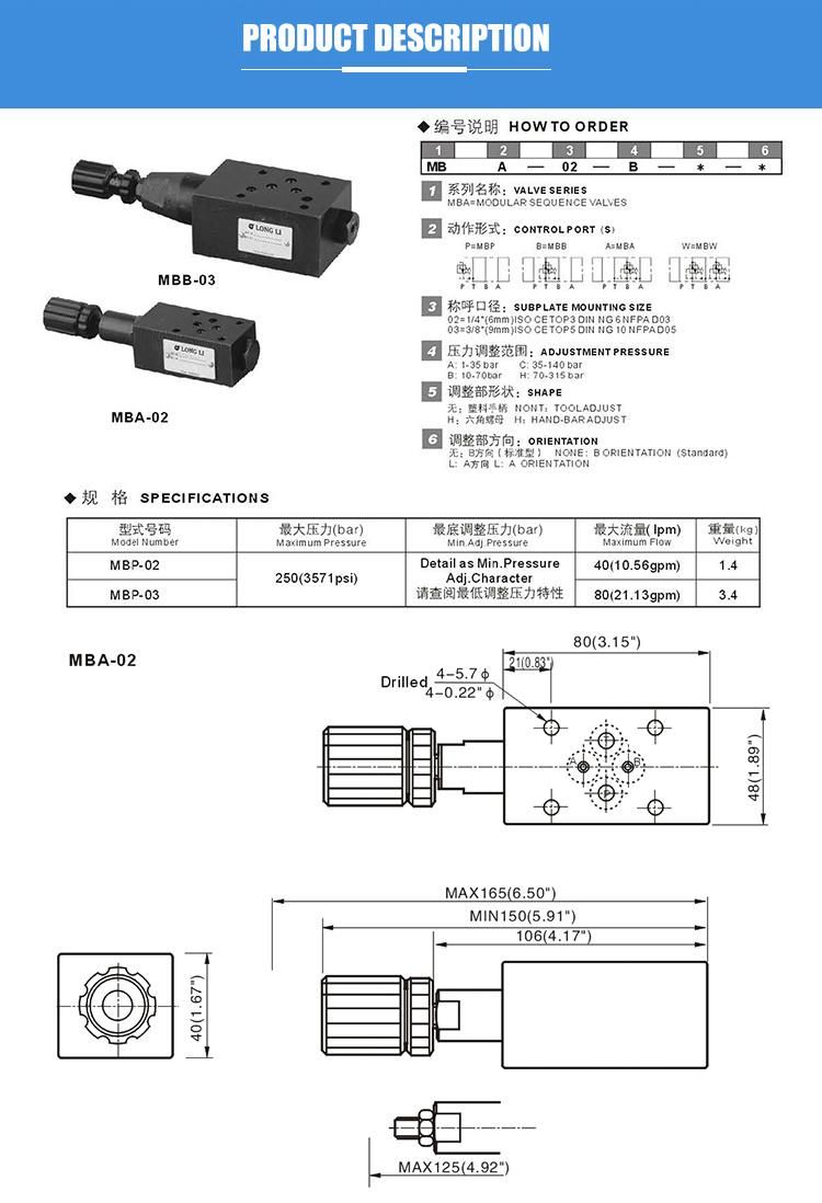 MBA-02 Yuken type hydraulic safety relief modular sequence valve