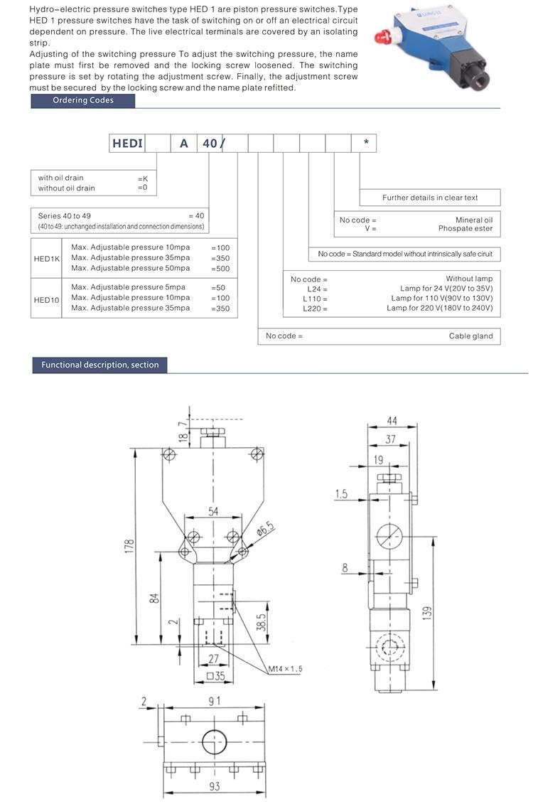 HED1 hydraulic rexroth typr adjustable pressure switch valve