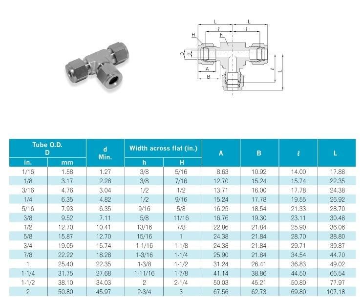 Yc-Lok Union Equal Tee Double Ferrule Hydraulic Tube Fittings