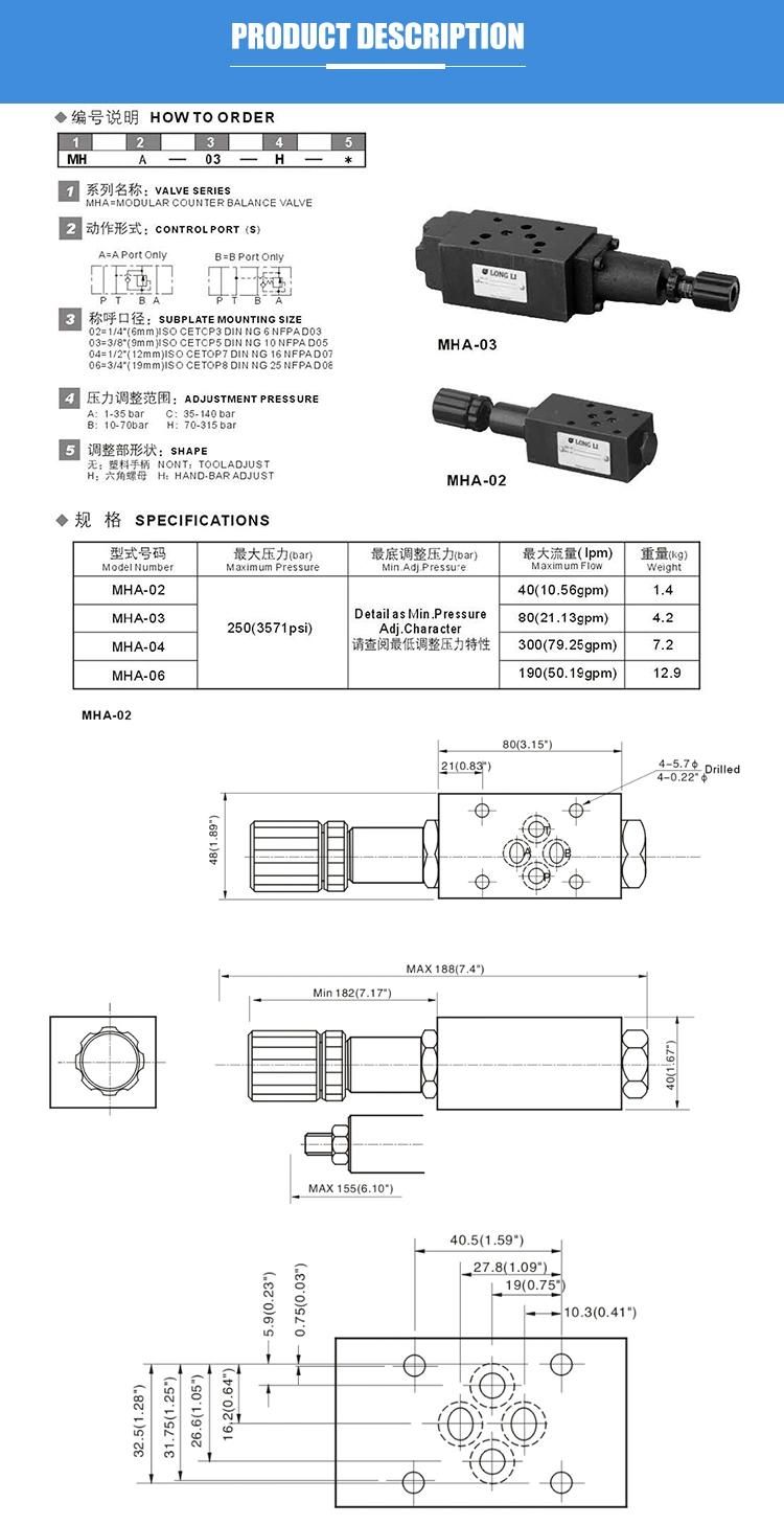 MHA02 Yuken type hydraulic modular fluid control block valve