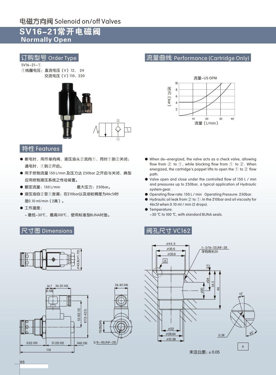 Solenoid Directional Valve Sv16-21 Normally Open Cartridge Valve