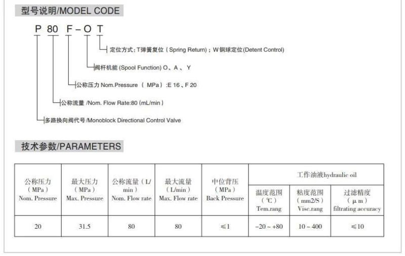 3p80-Fot Hydraulic Monoblock Valve 80L Flow Control Valve