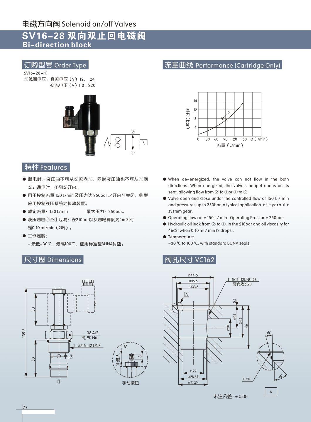 Sv16-28 Two-Way Double-Check Hydraulic Solenoid Cartridge Lift Pressure Relief Valve-Sv16-20/21/28