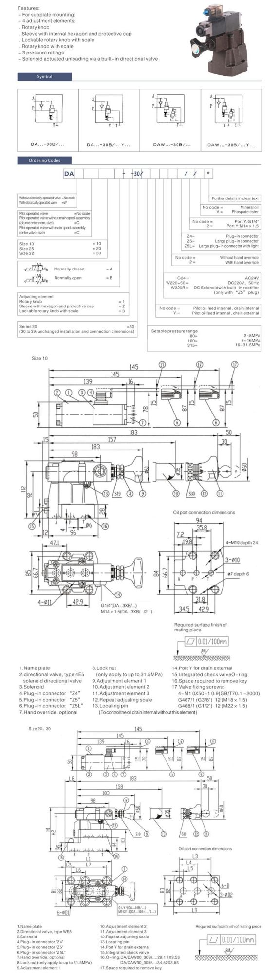 DAW10B-30 hydraulic pressure relief operated directional unloading valve