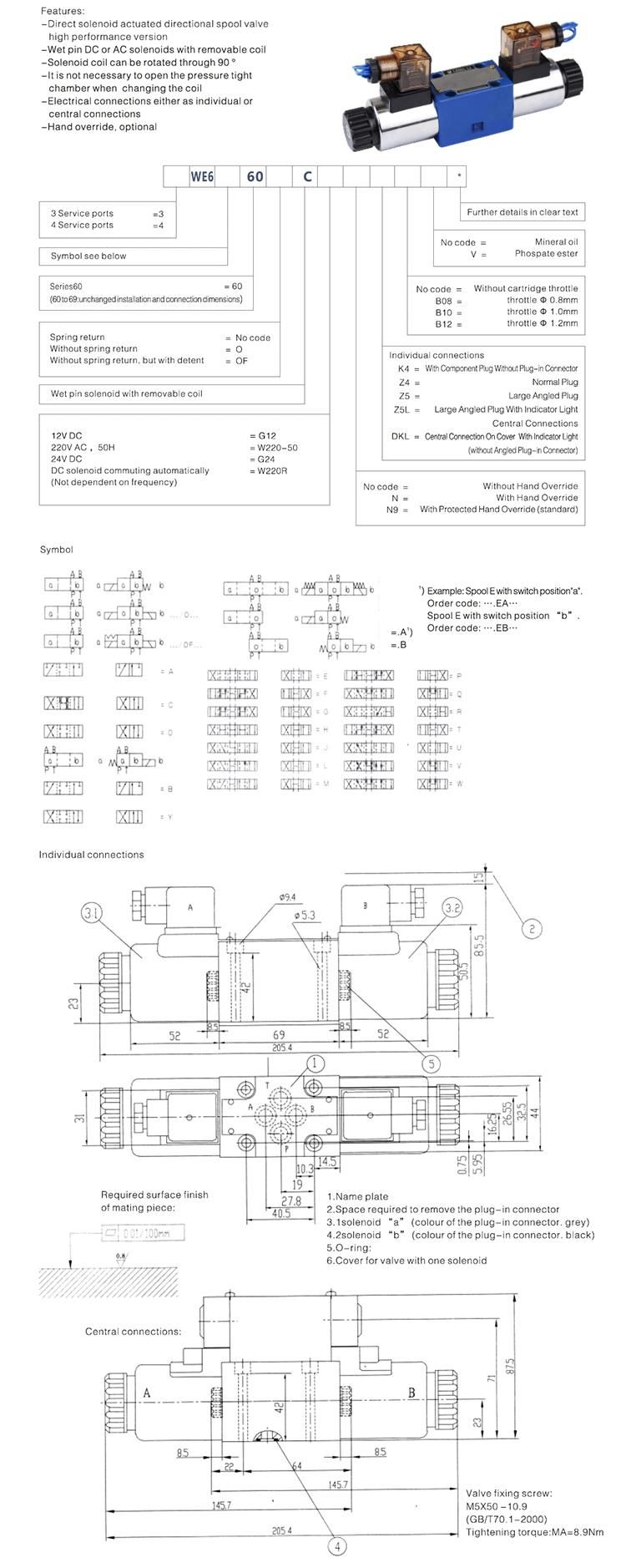 Single Head 4we6 Hydraulic Solenoid Directional Valve