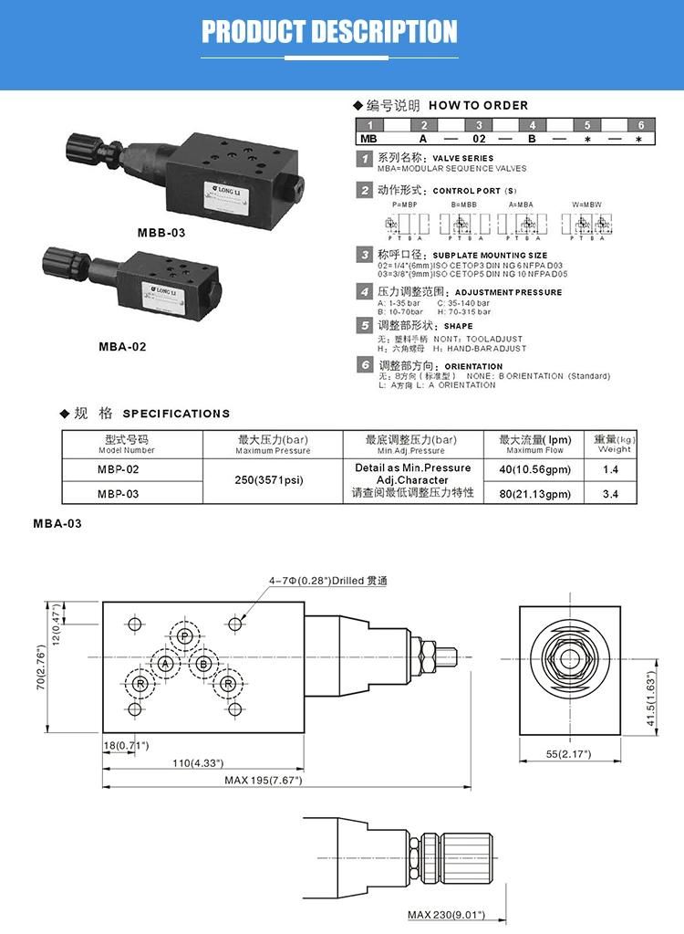 MBA-03 Yuken type hydraulic pressure control stacked relief valve