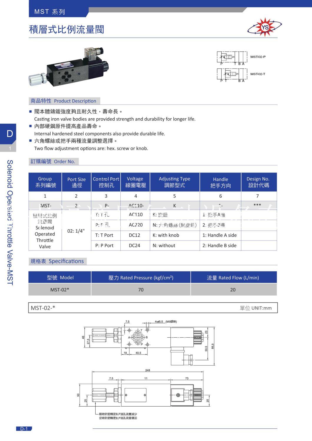 Laminated Proportional Flow Valve Mst/ Throttle Valve Mt/Pressure Reducing Valve Mgs