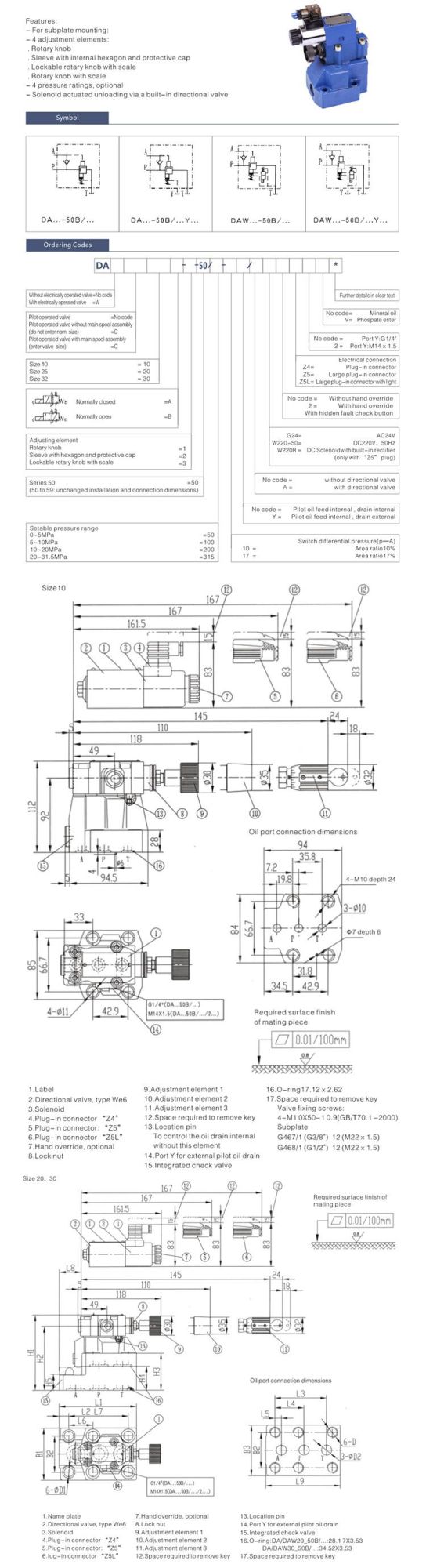 DA DAW-50B hydraulic pilot operated unloading valve DA DAW series