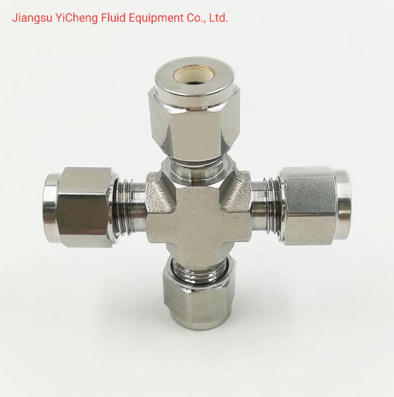 SS304 6000 Psi 4 Way Cross Compression Tube Connector Double Ferrule Hydraulic Tube Fittings