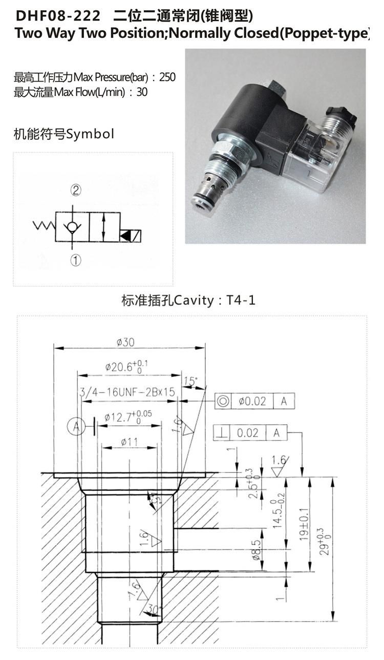 DHF08-222 2/2 Normally Closed Solenoid Operated Directional Cartridge Valve