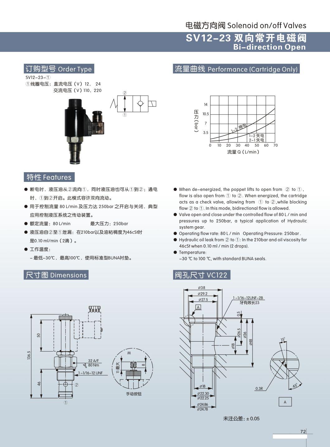 Solenoid Directional Valve Sv16-21 Normally Open Cartridge Valve