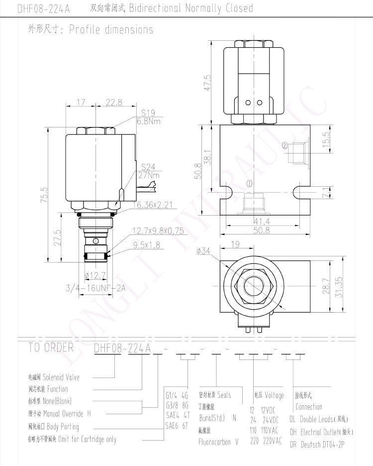 DHF08-224 Solenoid-operated, 2-way, normally closed, spool-type, direct-acting, screw-in hydrauliccartridge valve